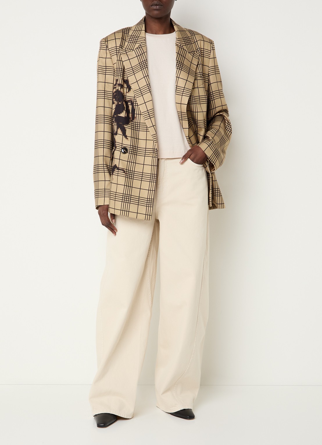 Essentiel Antwerp Double-breasted blazer met ruitdessin en paspelzakken - voorkant 3 camel