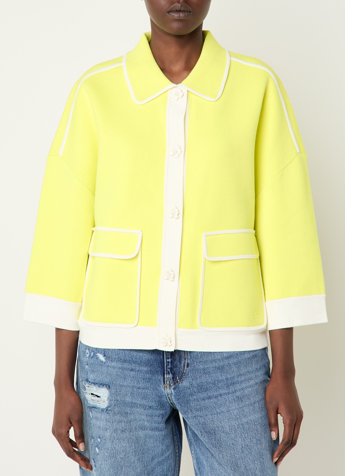Essentiel Antwerp Fijngebreid vest met klepzakken - detail geel