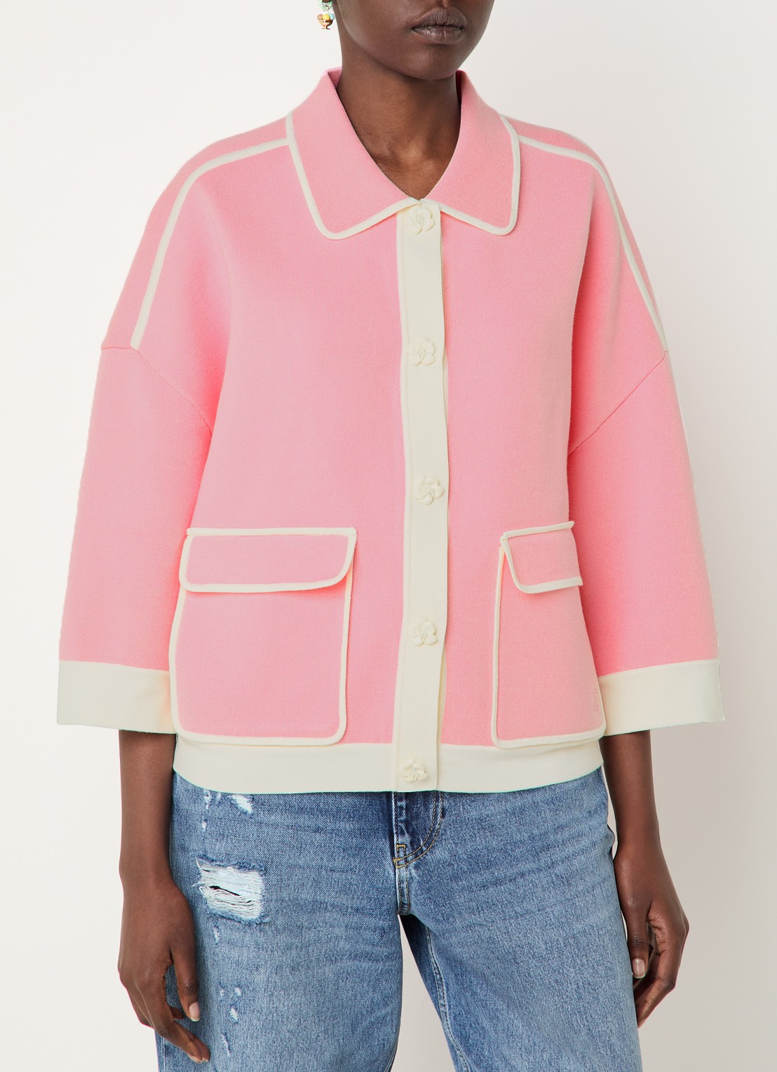 Essentiel Antwerp Fijngebreid vest met klepzakken - detail roze