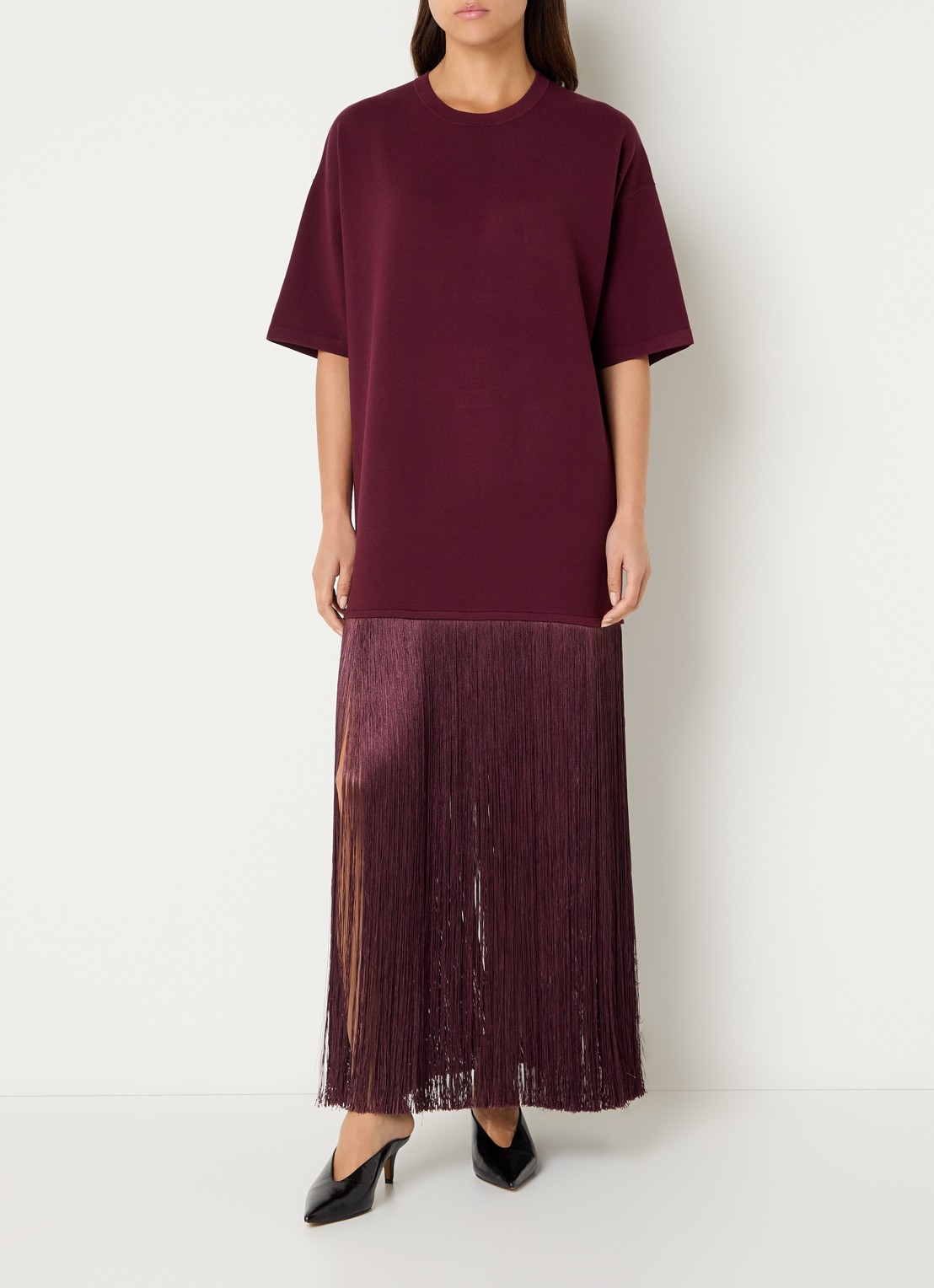 Essentiel Antwerp Fijngebreide maxi trui jurk met franjes - detail 2 aubergine
