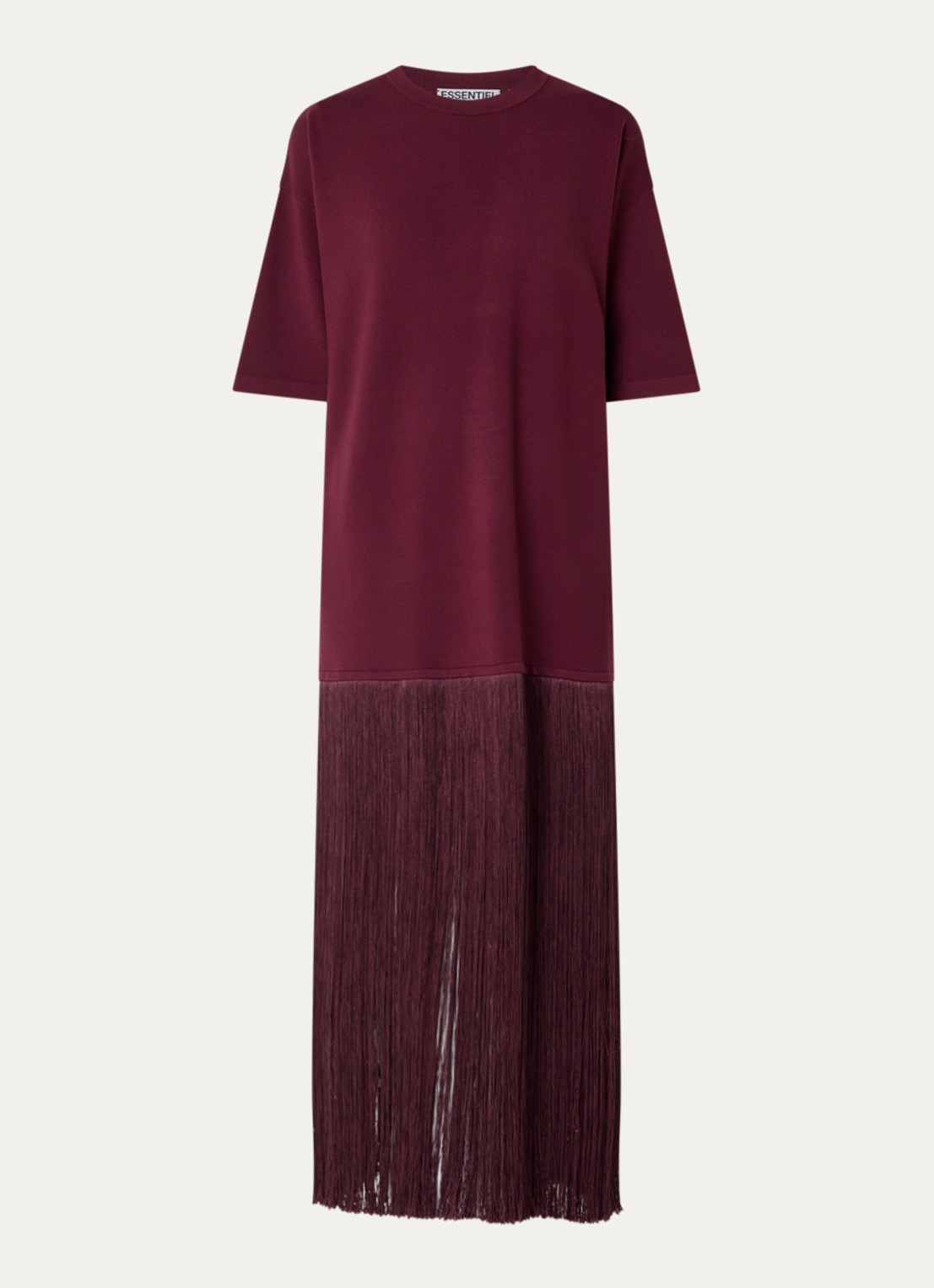 Essentiel Antwerp Fijngebreide maxi trui jurk met franjes - voorkant 3 aubergine