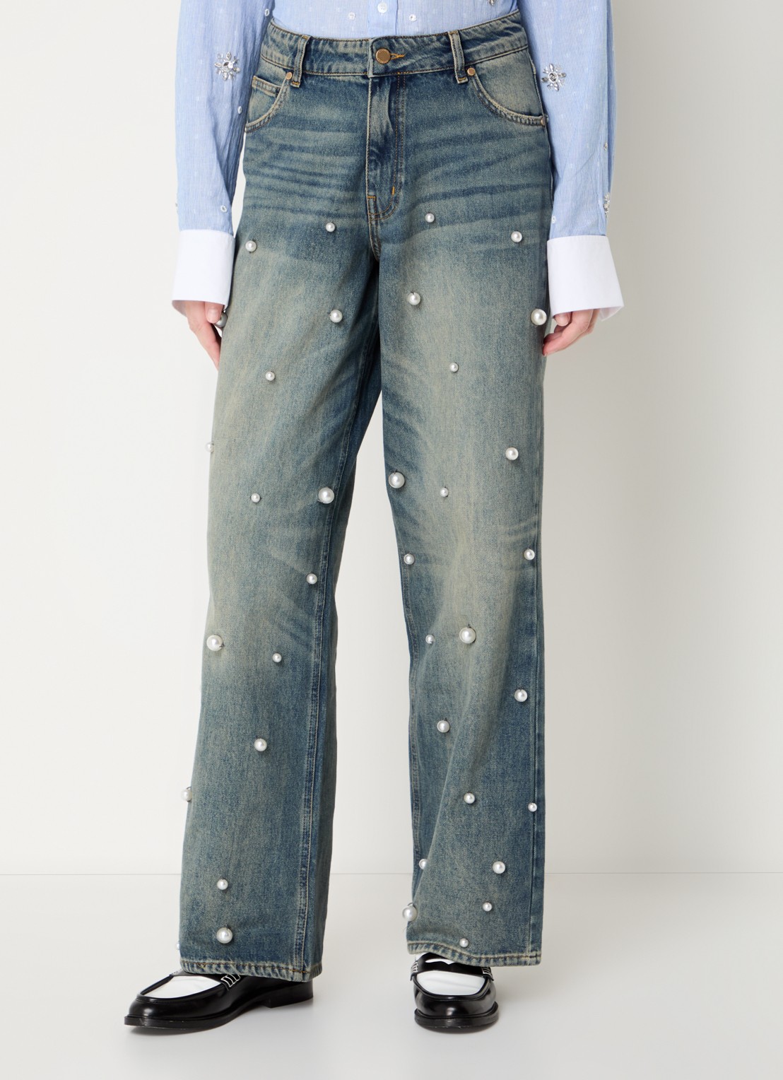 Essentiel Antwerp Held high waist wide leg jeans van  katoen met imitatieparels - detail 2 indigo