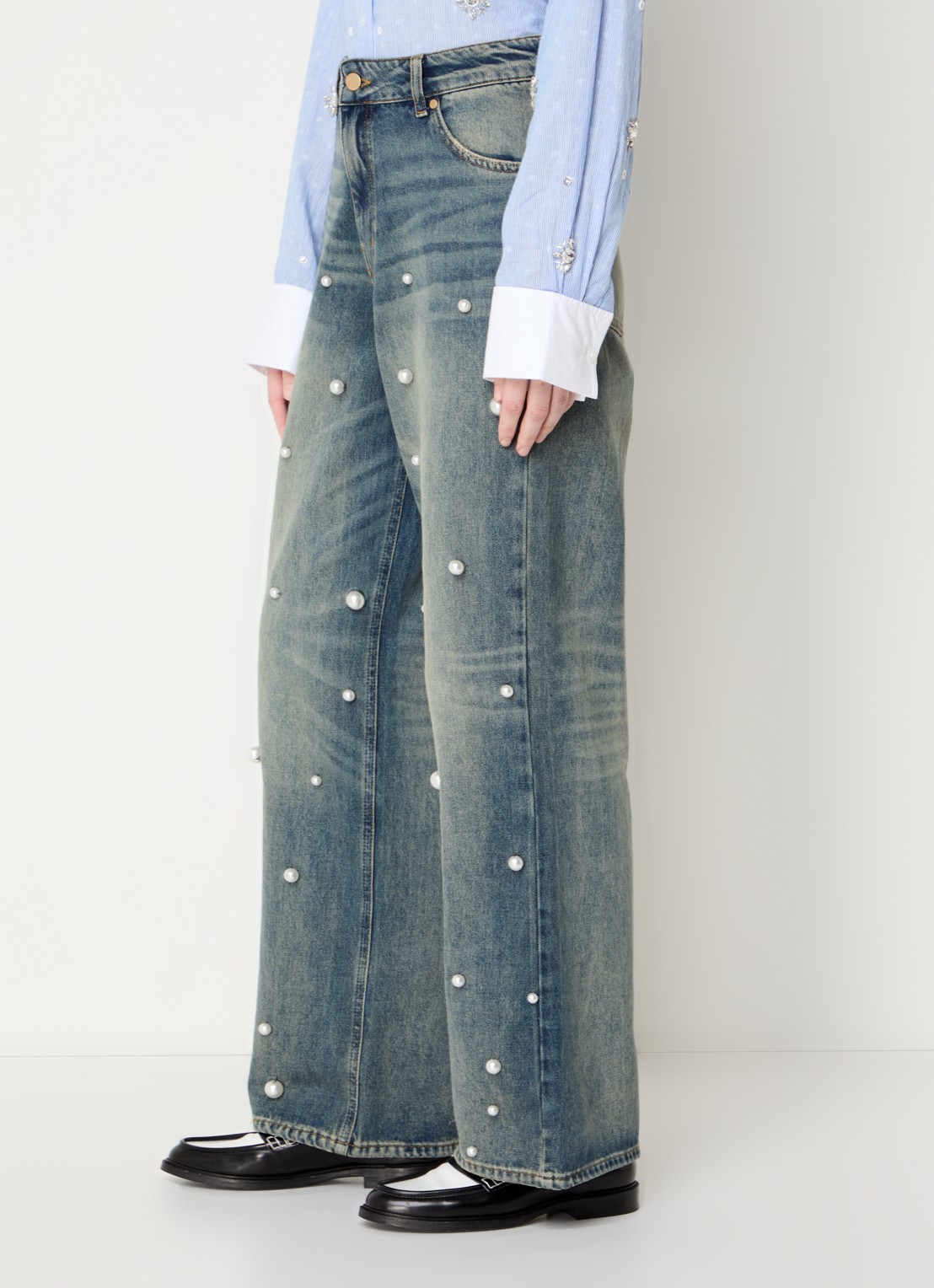 Essentiel Antwerp Held high waist wide leg jeans van  katoen met imitatieparels - detail 3 indigo