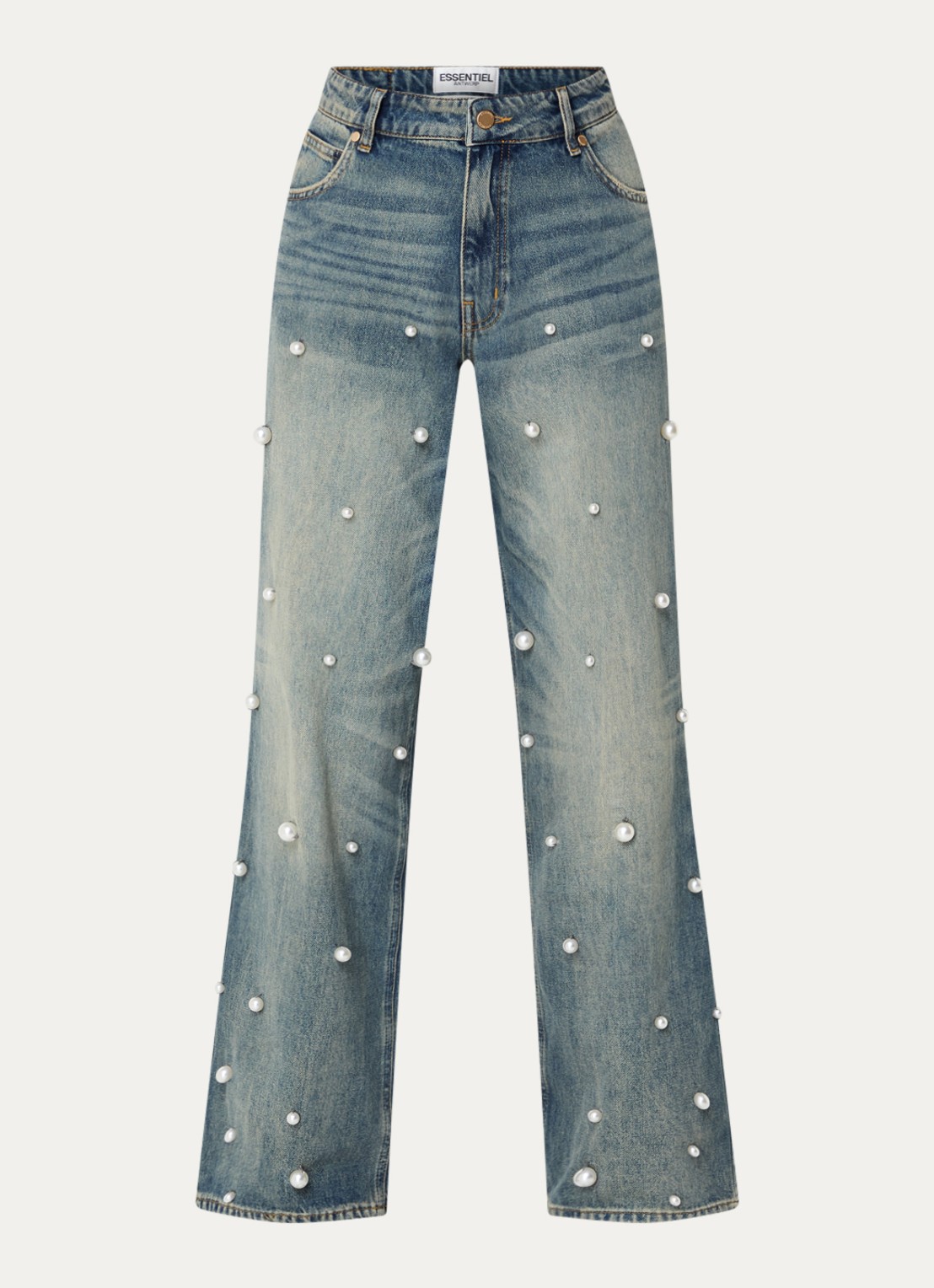 Essentiel Antwerp Held high waist wide leg jeans van  katoen met imitatieparels - voorkant 4 indigo