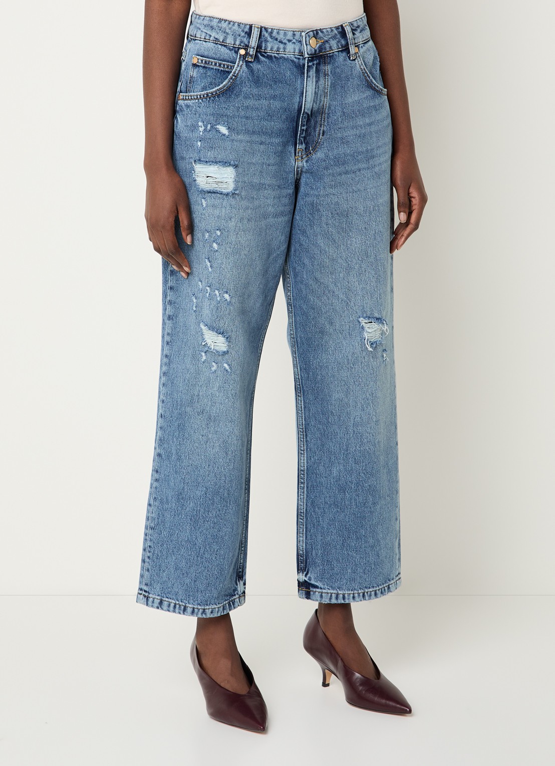 Essentiel Antwerp High waist cropped jeans met destroyed afwerking - detail 2 indigo