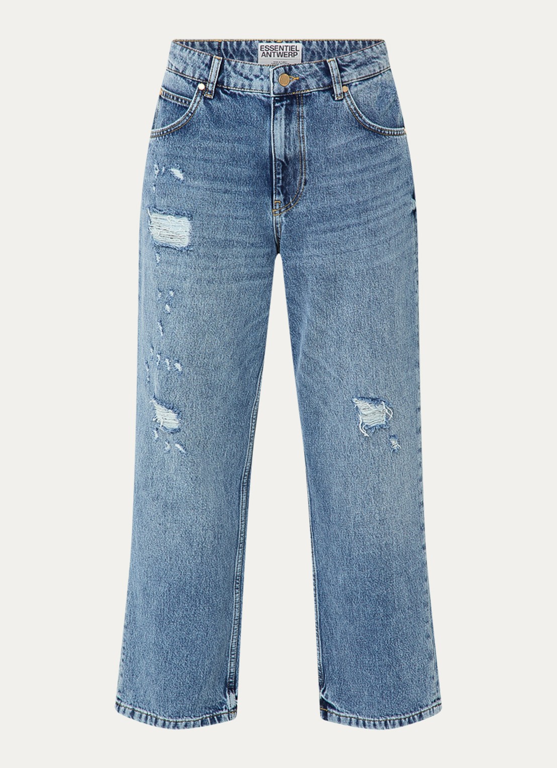 Essentiel Antwerp High waist cropped jeans met destroyed afwerking - voorkant 4 indigo