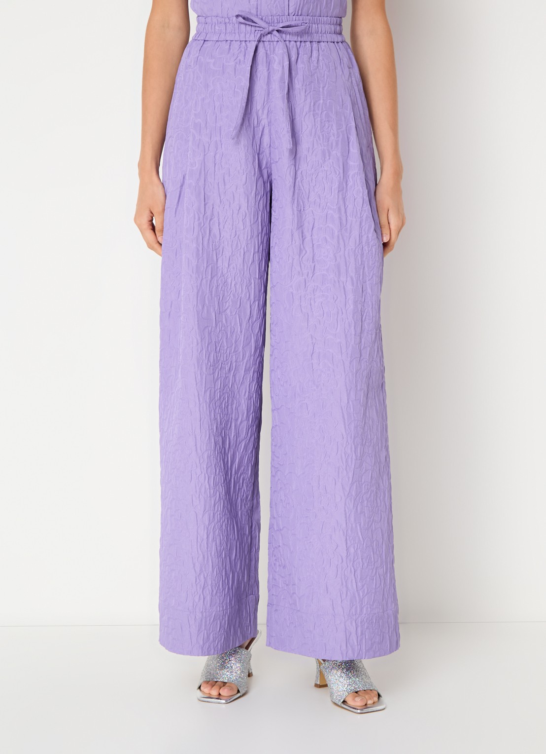 Essentiel Antwerp High waist wide fit broek met jacquard dessin - detail paars