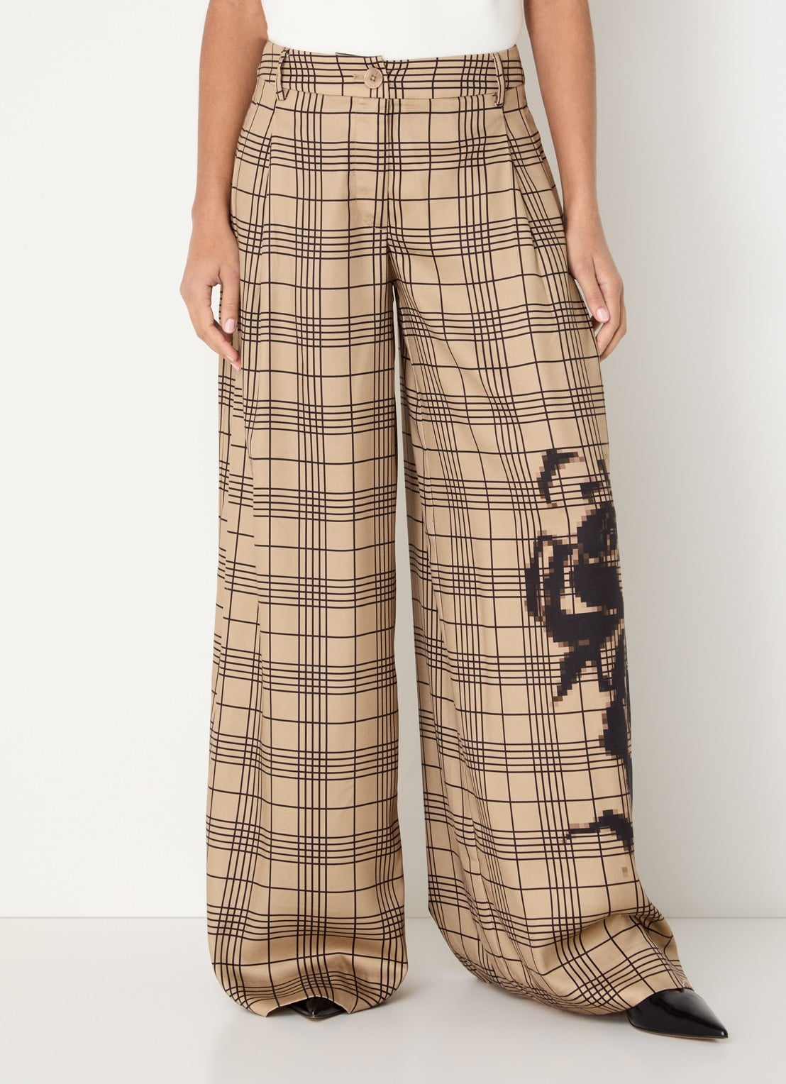Essentiel Antwerp High waist wide fit palazzo broek met ruitdessin - detail 2 beige