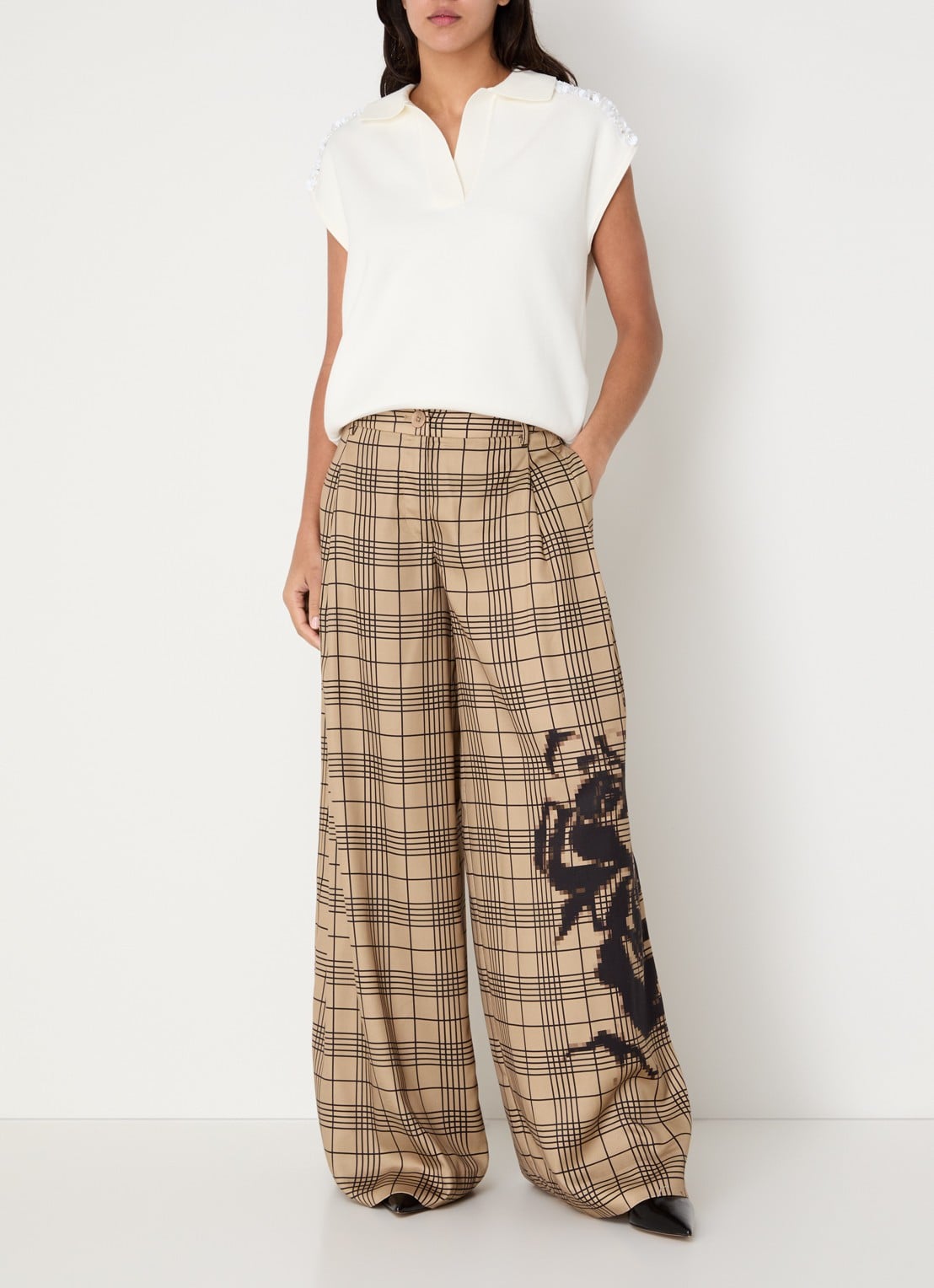 Essentiel Antwerp High waist wide fit palazzo broek met ruitdessin - voorkant 4 beige