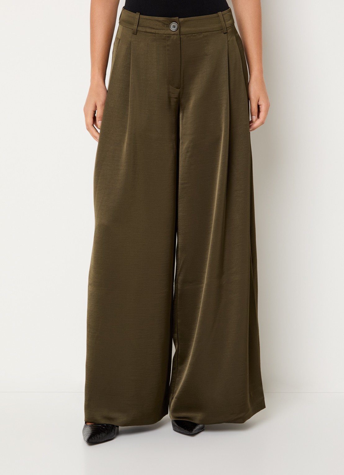 Essentiel Antwerp High waist wide fit pantalon met steekzakken - detail bronsgroen