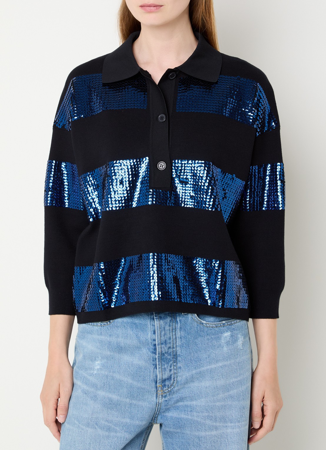 Essentiel Antwerp Illuminati polo met pailletten - detail 2 donkerblauw