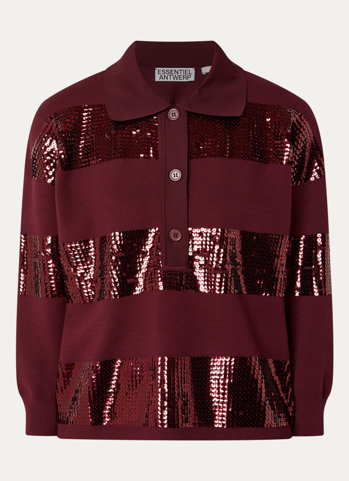 Essentiel Antwerp Illuminati polo met pailletten - voorkant 3 bordeauxrood