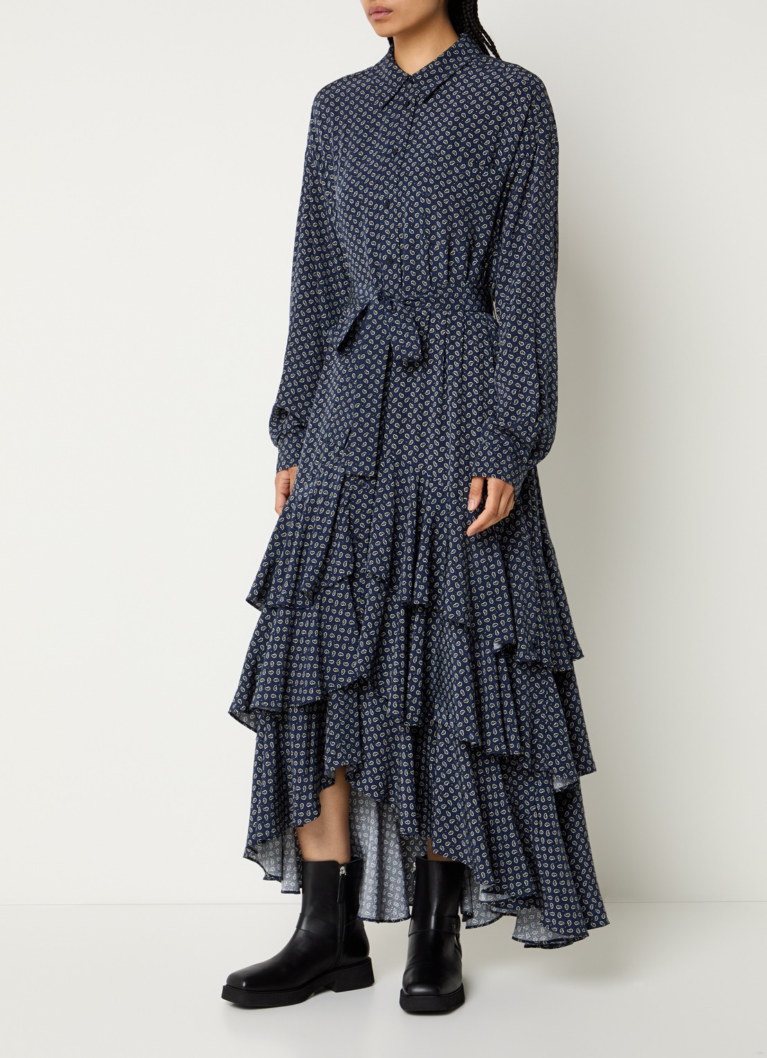 Essentiel Antwerp Imagazine maxi blousejurk met strikceintuur - detail 4 donkerblauw