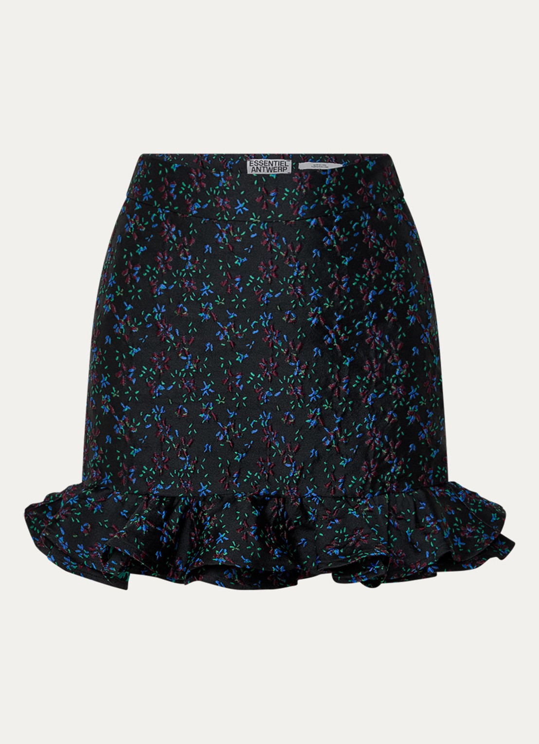 Essentiel Antwerp Imaginary minirok met jacquard dessin en ruches - voorkant 2 zwart