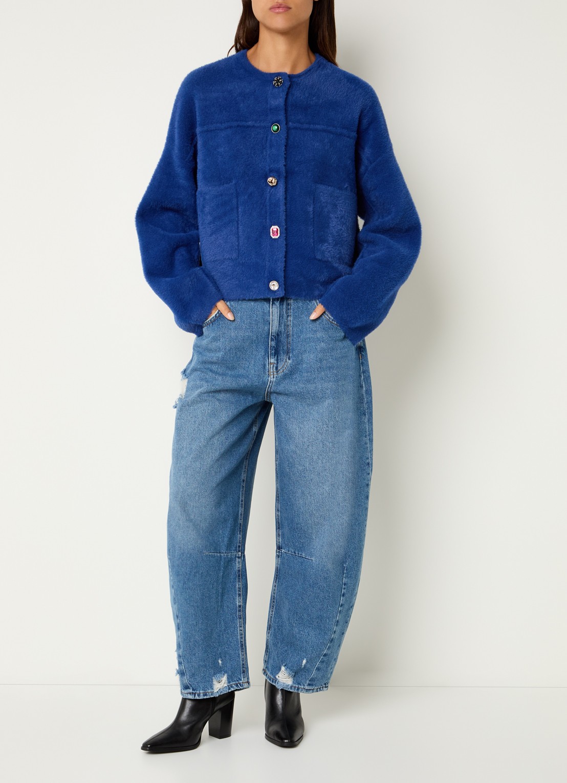 Essentiel Antwerp Intention fijngebreid vest met afneembare imitatiebontkraag - voorkant 2 donkerblauw