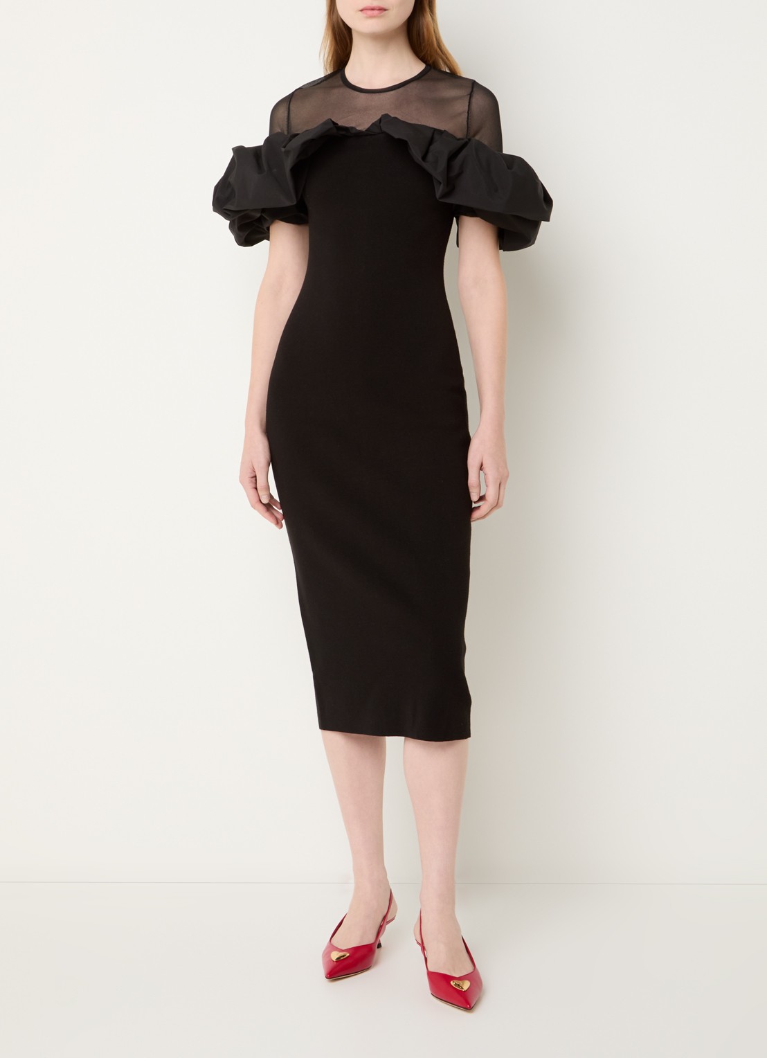 Essentiel Antwerp Isatis semi-transparante midi kokerjurk met pofmouw - detail 2 zwart