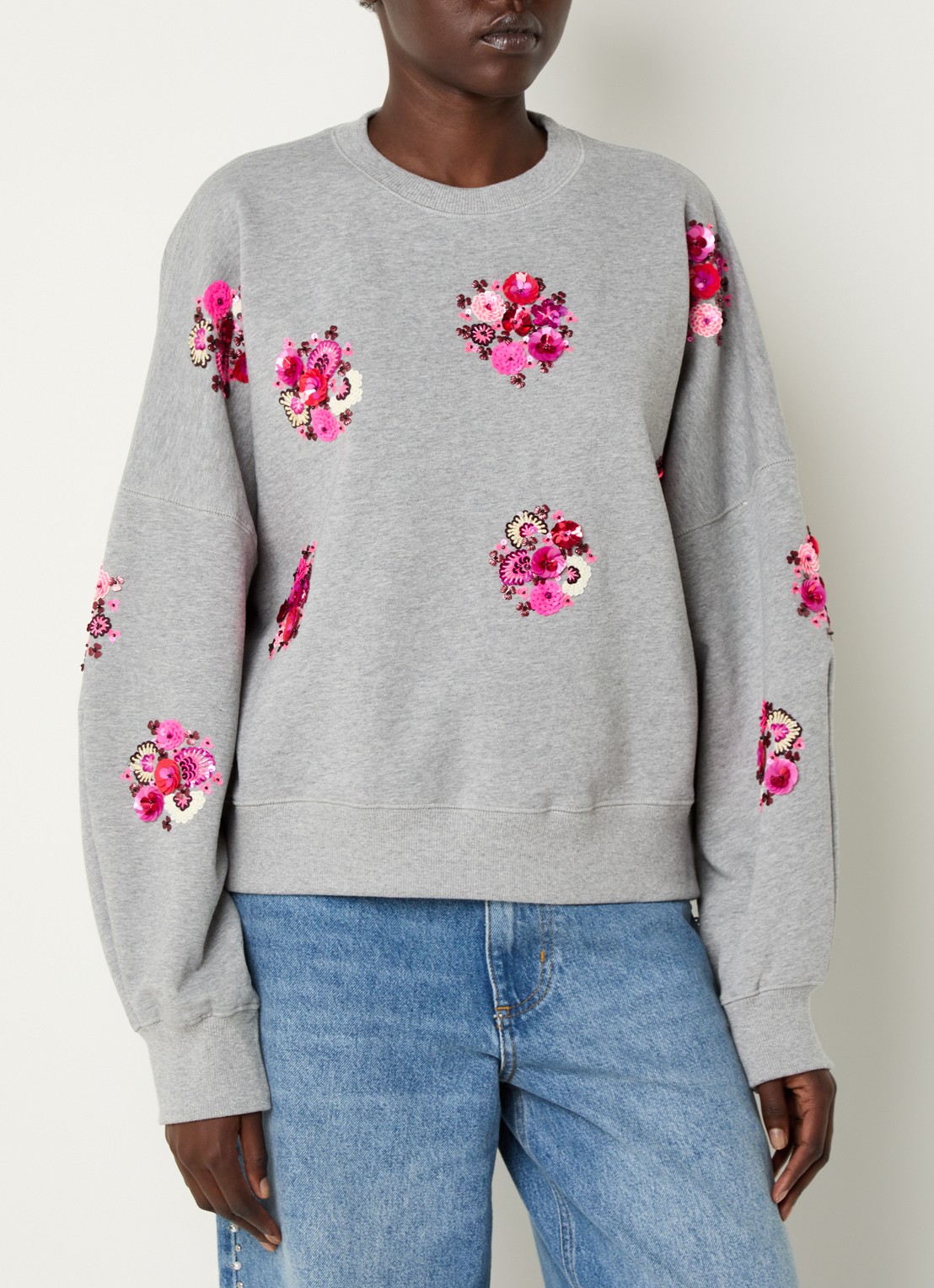 Essentiel Antwerp Itro sweater met pailletten en strass - detail grijs