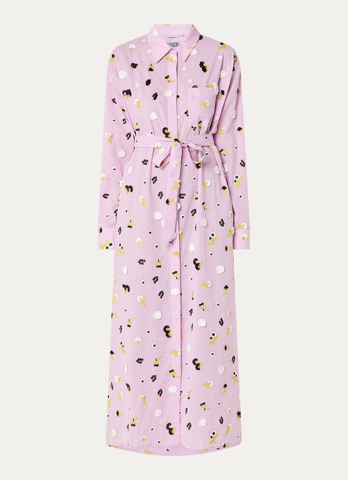 Essentiel Antwerp Jamanna midi blousejurk met bloemborduring en strikceintuur - voorkant 3 lila