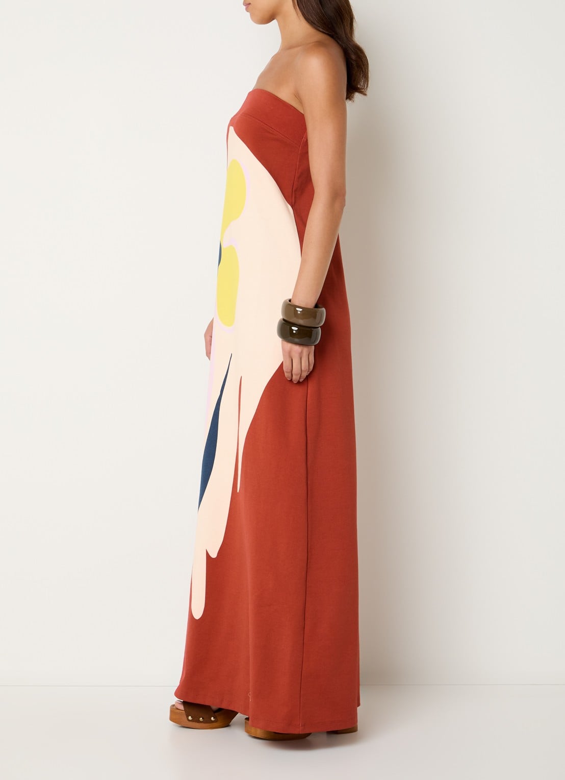 Essentiel Antwerp Jannick strapless maxi jurk met print - voorkant 4 oranjerood