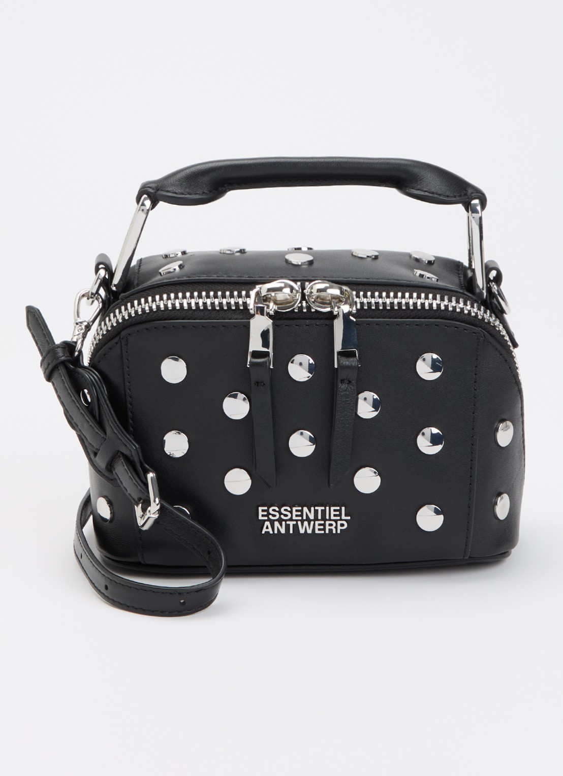 Essentiel Antwerp Jeri Mini handtas van leer met studs en afneembare schouderriem - voorkant 5 zwart