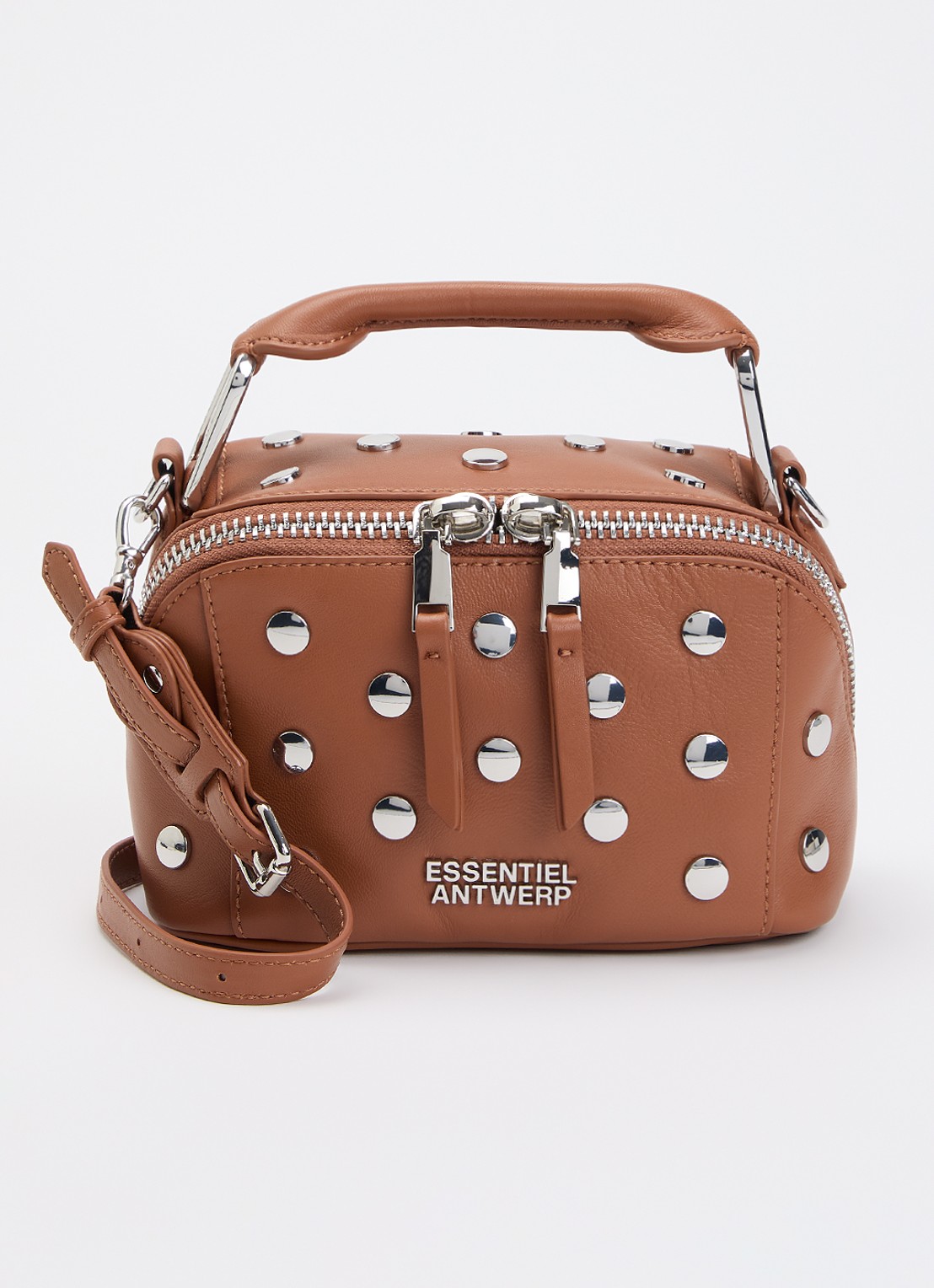 Essentiel Antwerp Jeri Mini handtas van leer met studs en afneembare schouderriem - voorkant bruin