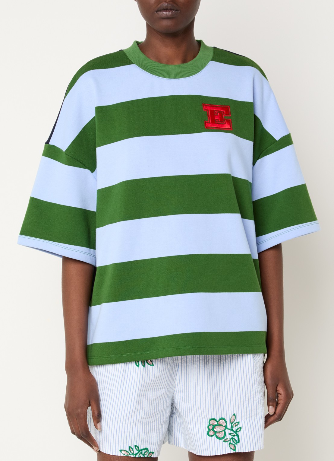 Essentiel Antwerp Jingenie sweater met streepprint  - detail groen