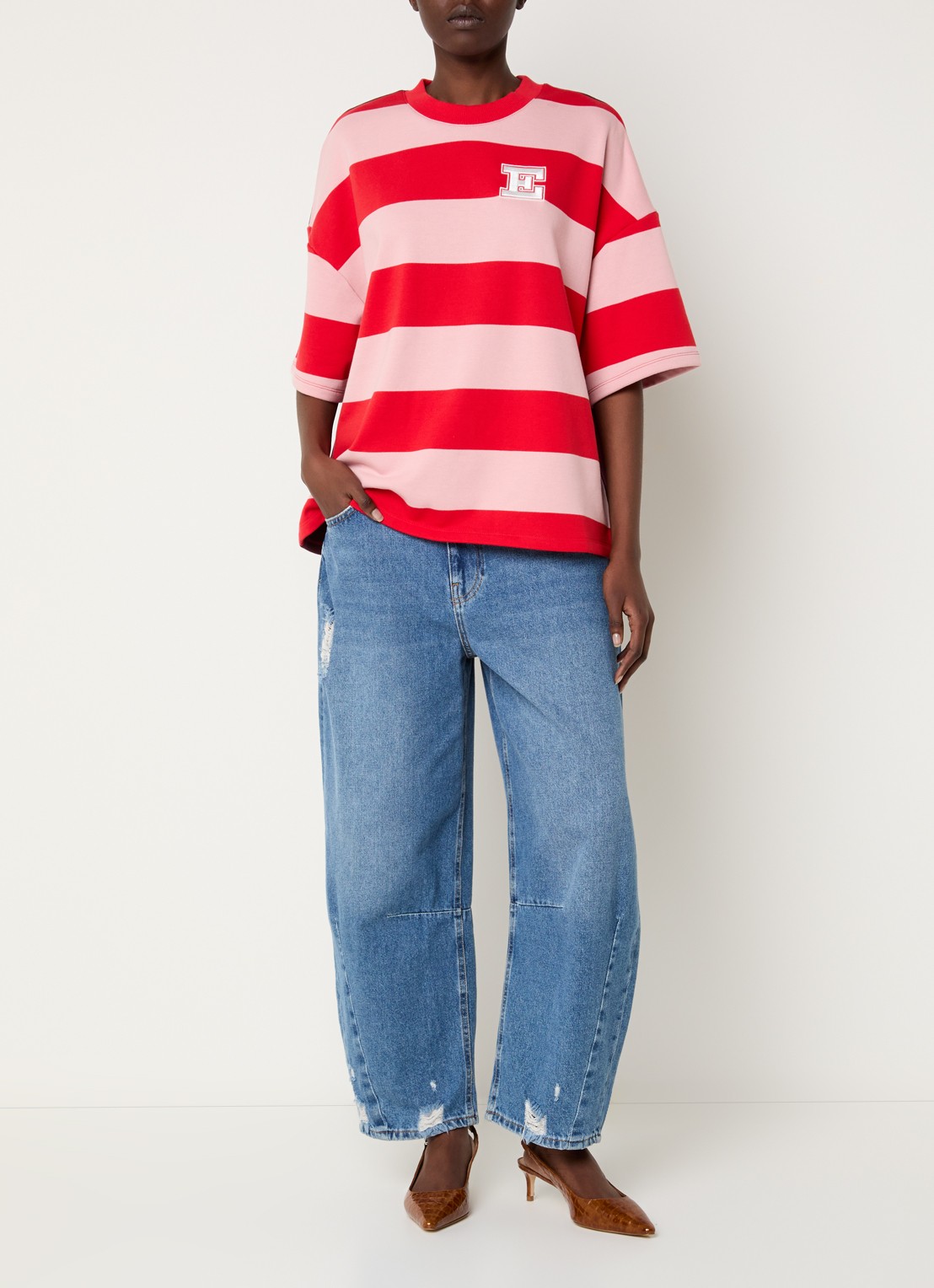 Essentiel Antwerp Jingenie sweater met streepprint  - voorkant 2 rood