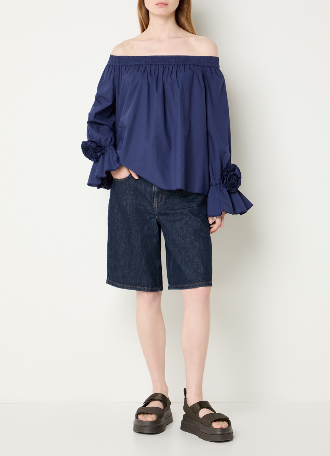 Essentiel Antwerp Jofie off shoulder top met applicatie - voorkant 4 donkerblauw