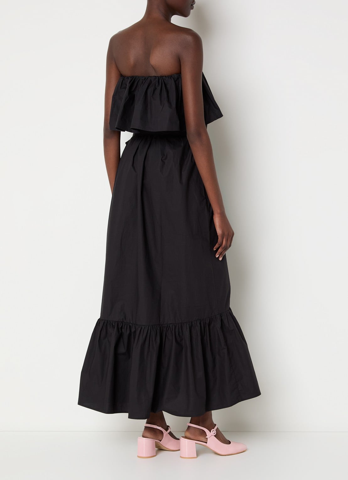 Essentiel Antwerp Joyce strapless maxi jurk met steekzakken en volant - achterkant zwart