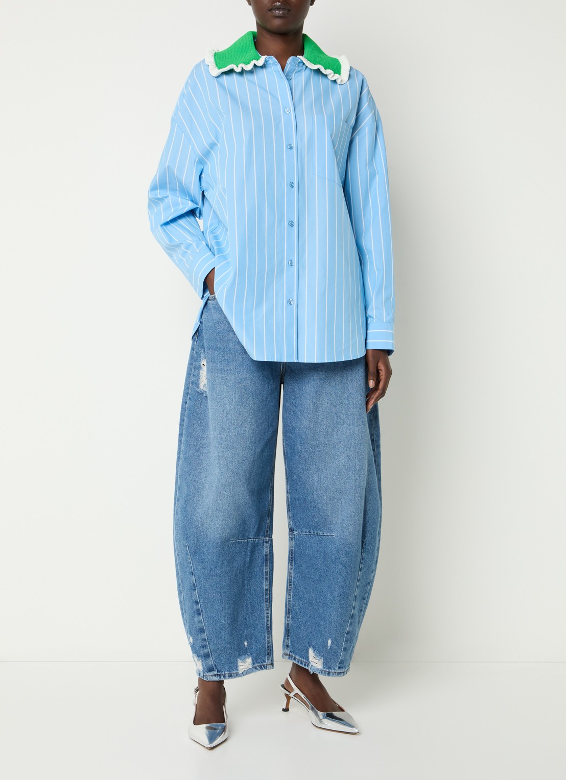 Essentiel Antwerp Joyful blouse met streepprint - voorkant 4 blauwgrijs