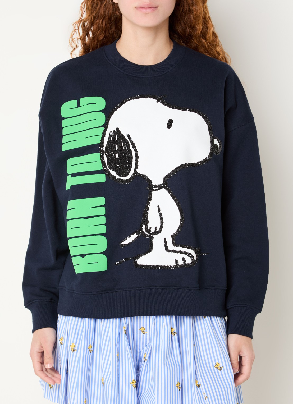 Essentiel Antwerp Jumbrella sweater met print en pailletten - detail 4 donkerblauw