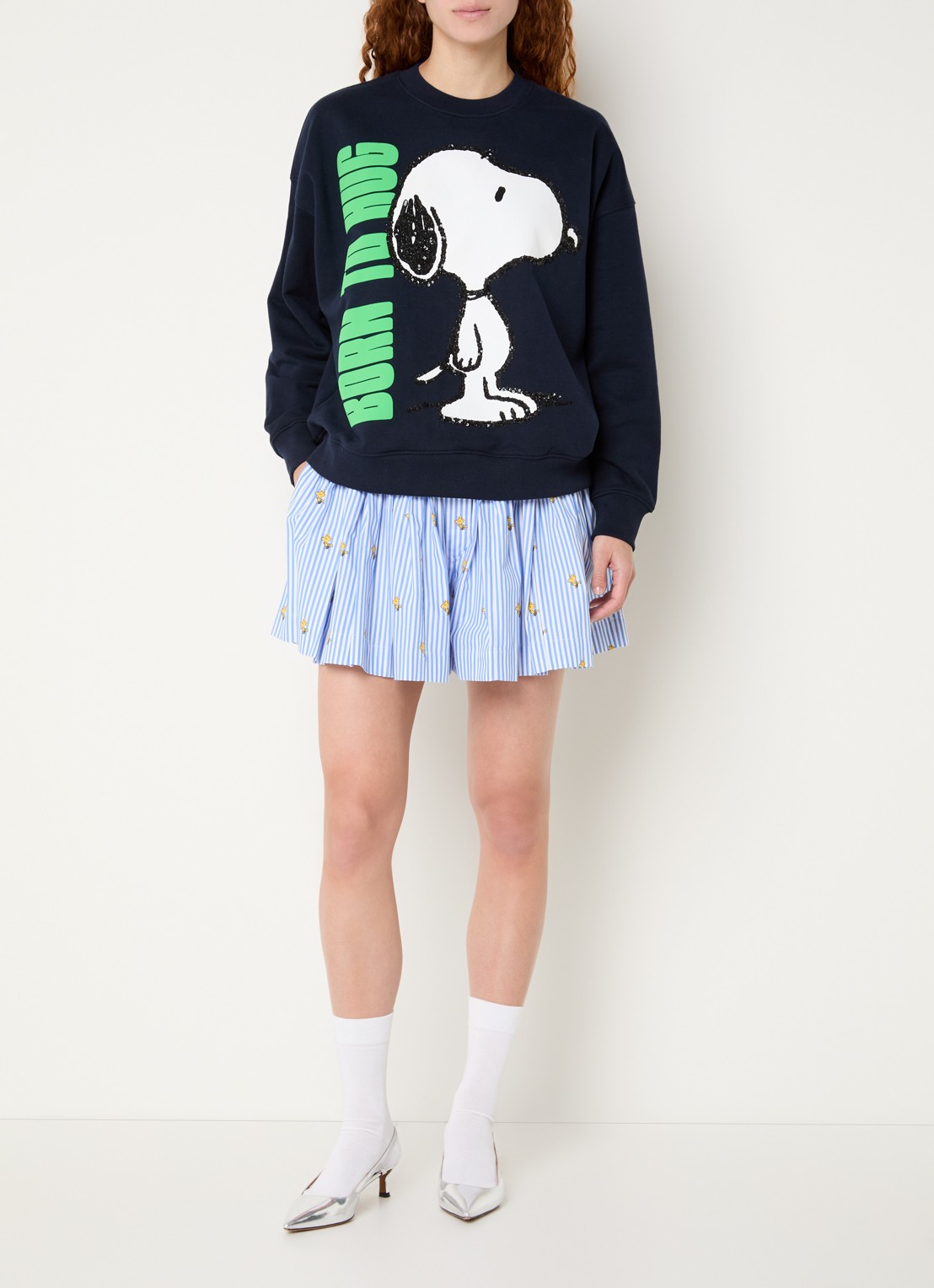 Essentiel Antwerp Jumbrella sweater met print en pailletten - voorkant 3 donkerblauw