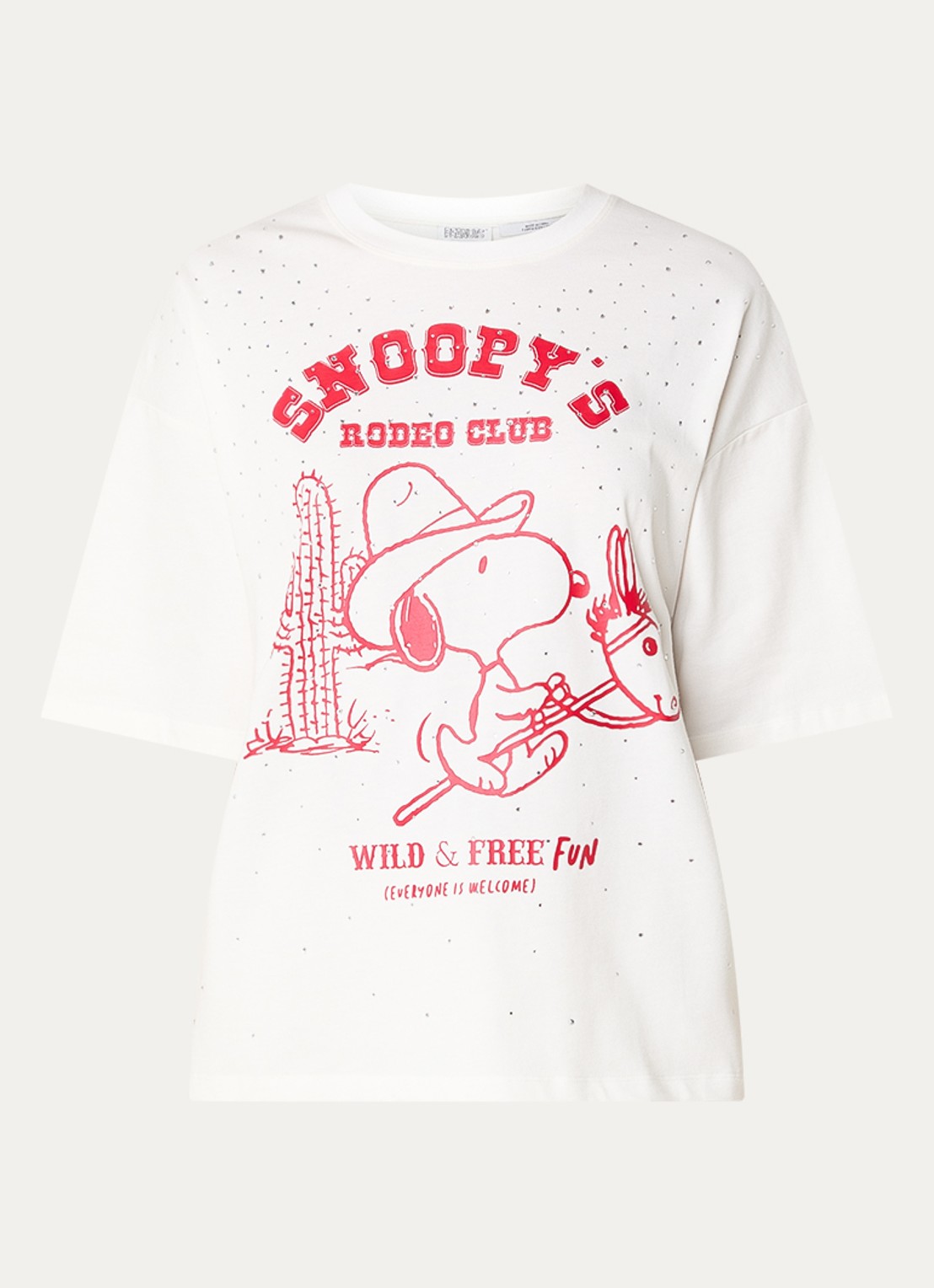 Essentiel Antwerp Junki T-shirt met strass en print - voorkant 3 gebroken wit