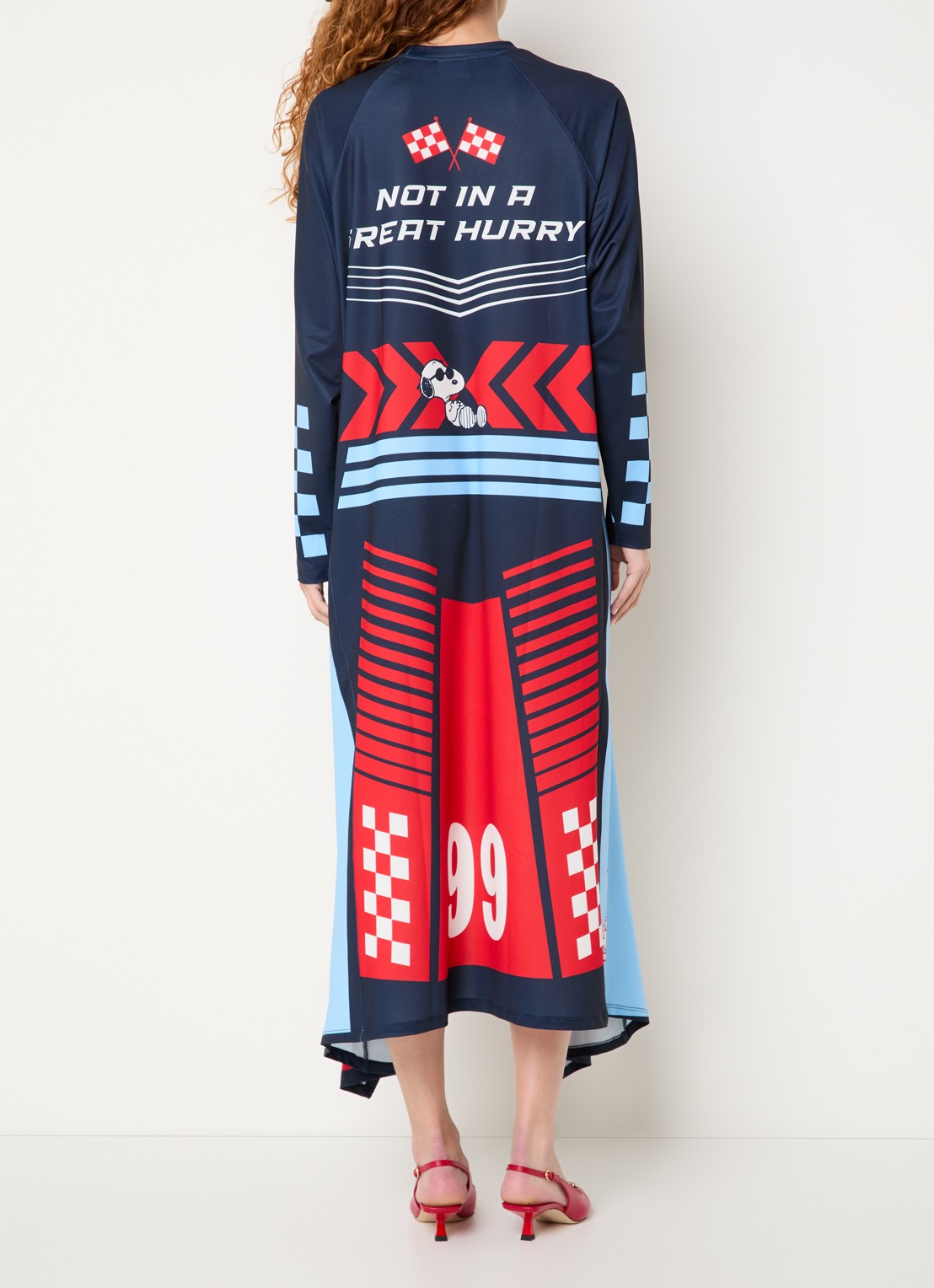 Essentiel Antwerp Jurry asymmetrische T-shirt jurk met print - achterkant donkerblauw