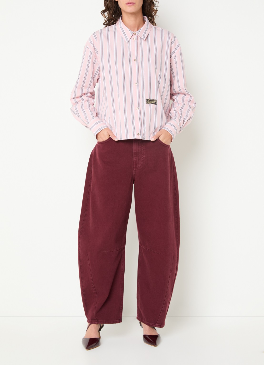 Essentiel Antwerp Kabu blouse met streepprint en logo - voorkant 3 roze