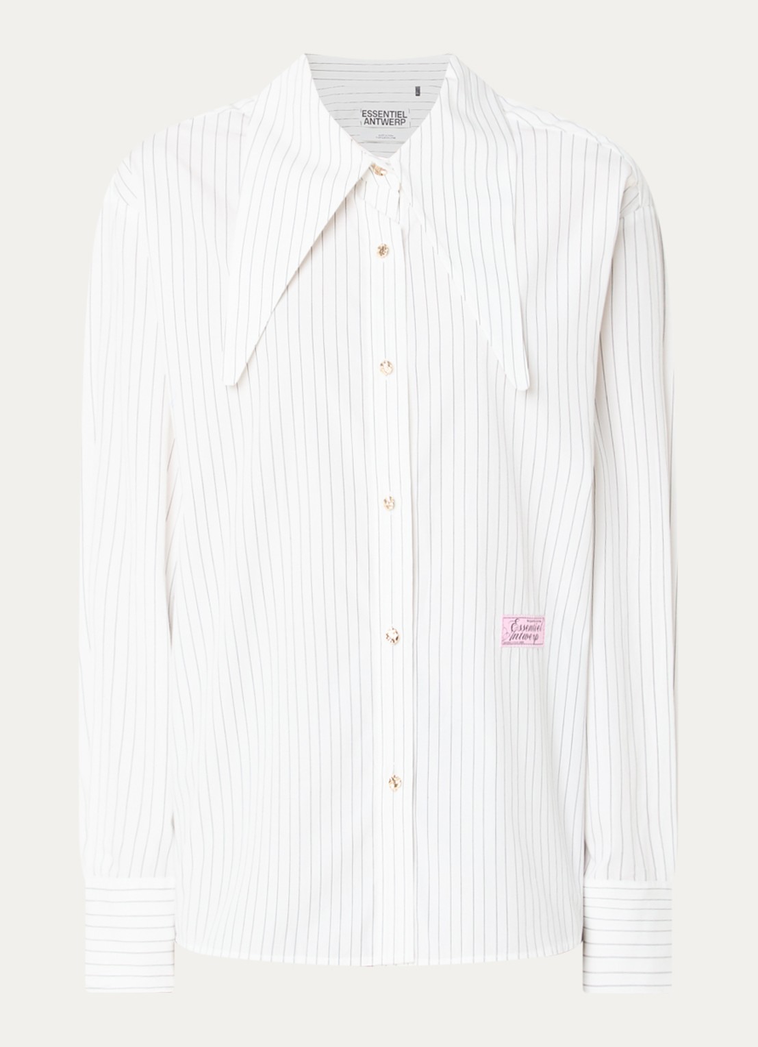 Essentiel Antwerp Kacao blouse met streepprint en logo - voorkant 3 wit