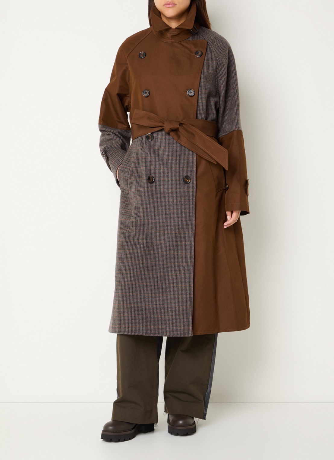 Essentiel Antwerp Kagu trenchcoat in wolblend met ruitdessin - voorkant 4 roodbruin