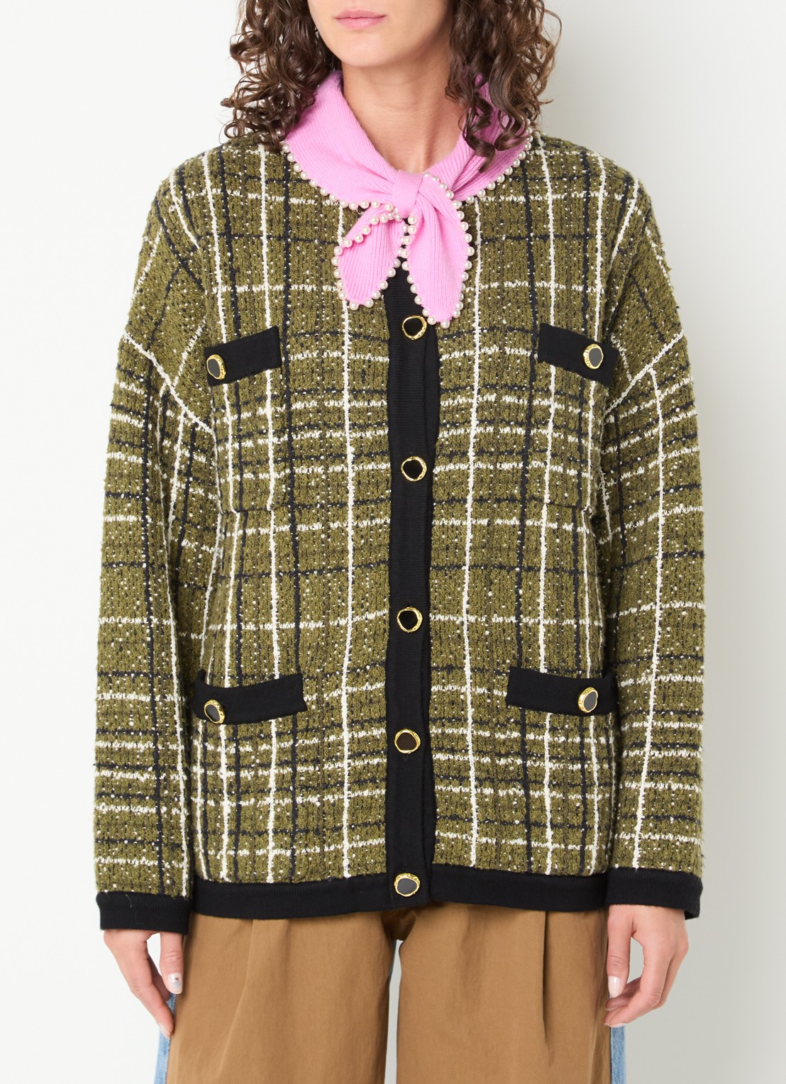 Essentiel Antwerp Kannel grofgebreid vest met ruitdessin en tweed-look - detail mosgroen