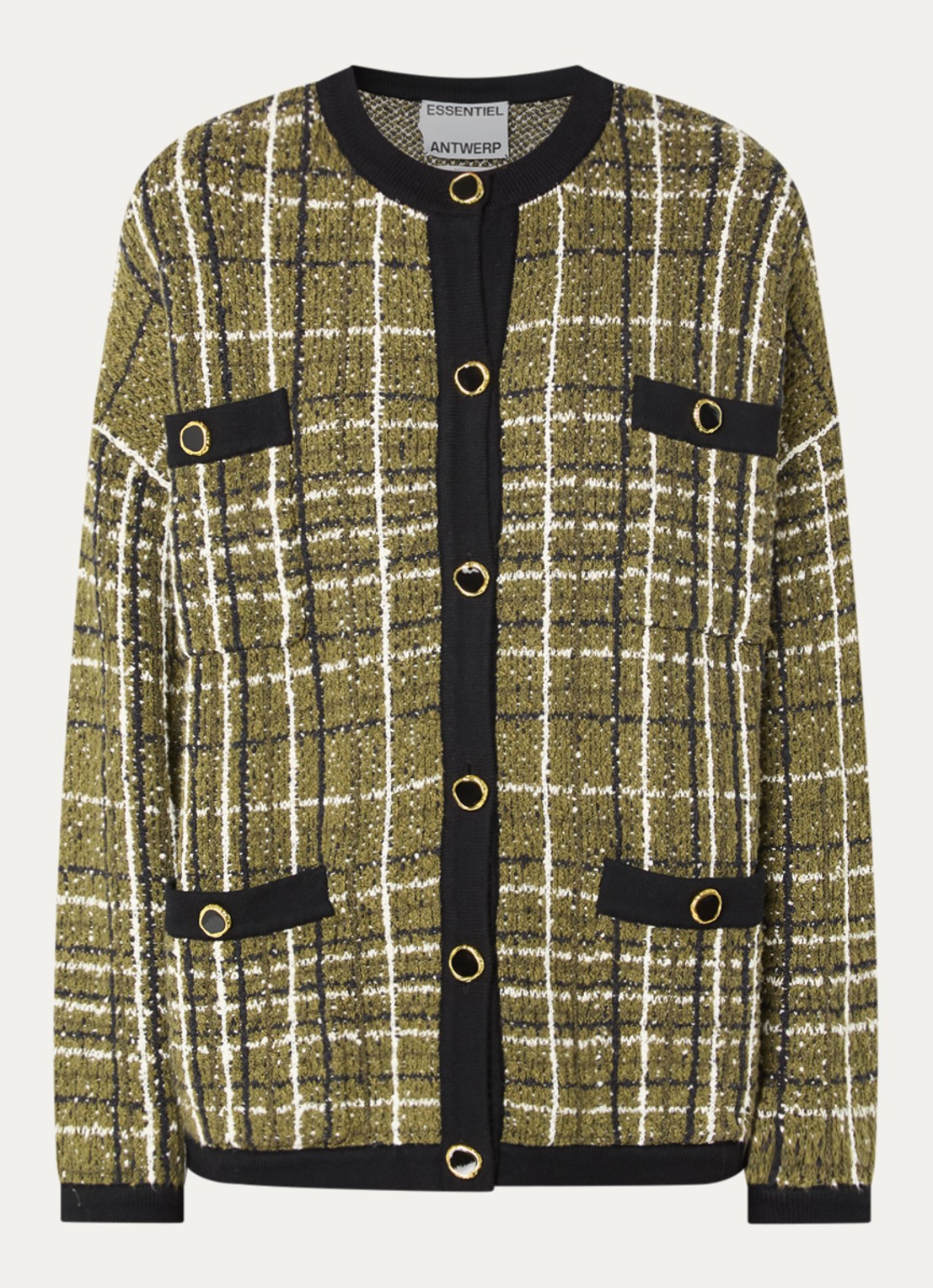 Essentiel Antwerp Kannel grofgebreid vest met ruitdessin en tweed-look - voorkant 3 mosgroen