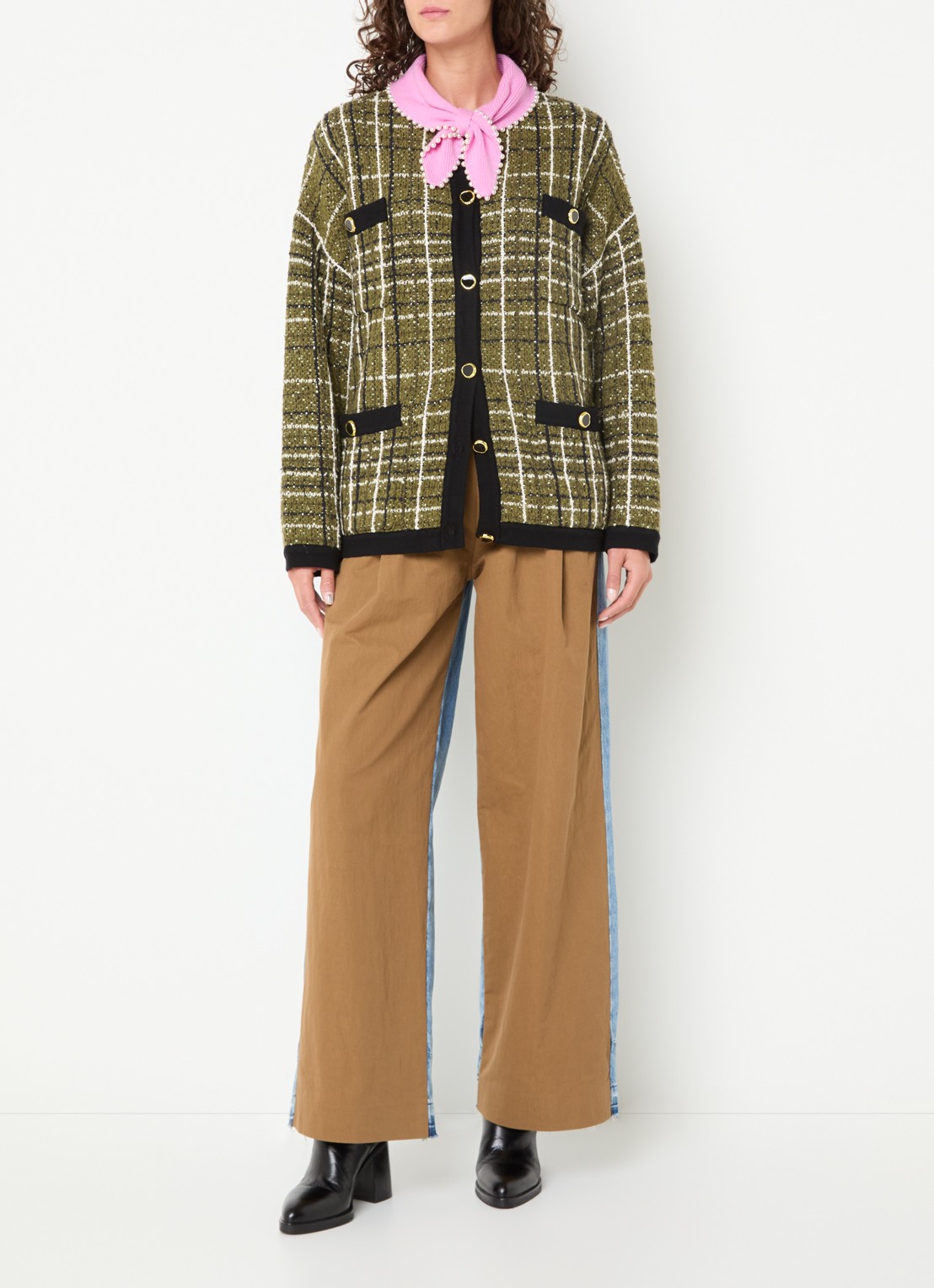 Essentiel Antwerp Kannel grofgebreid vest met ruitdessin en tweed-look - voorkant 4 mosgroen