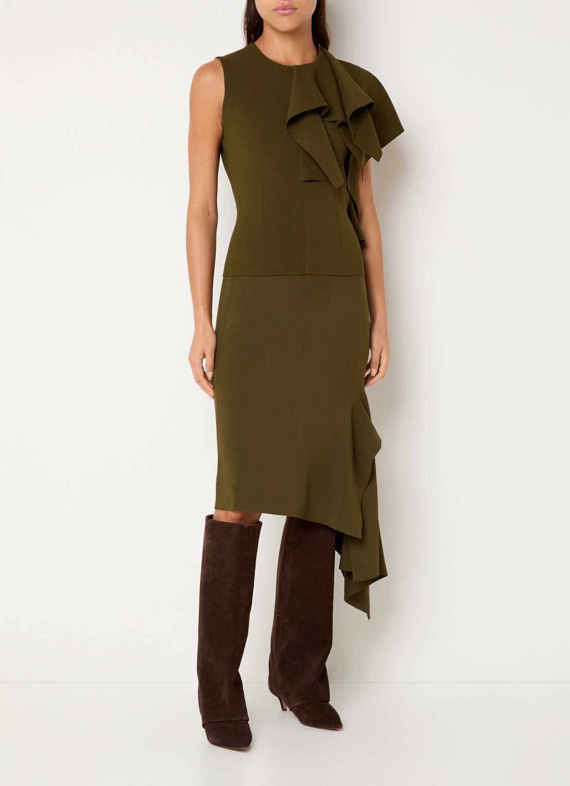 Essentiel Antwerp Kap midi kokerrok met stretch - voorkant 4 bronsgroen