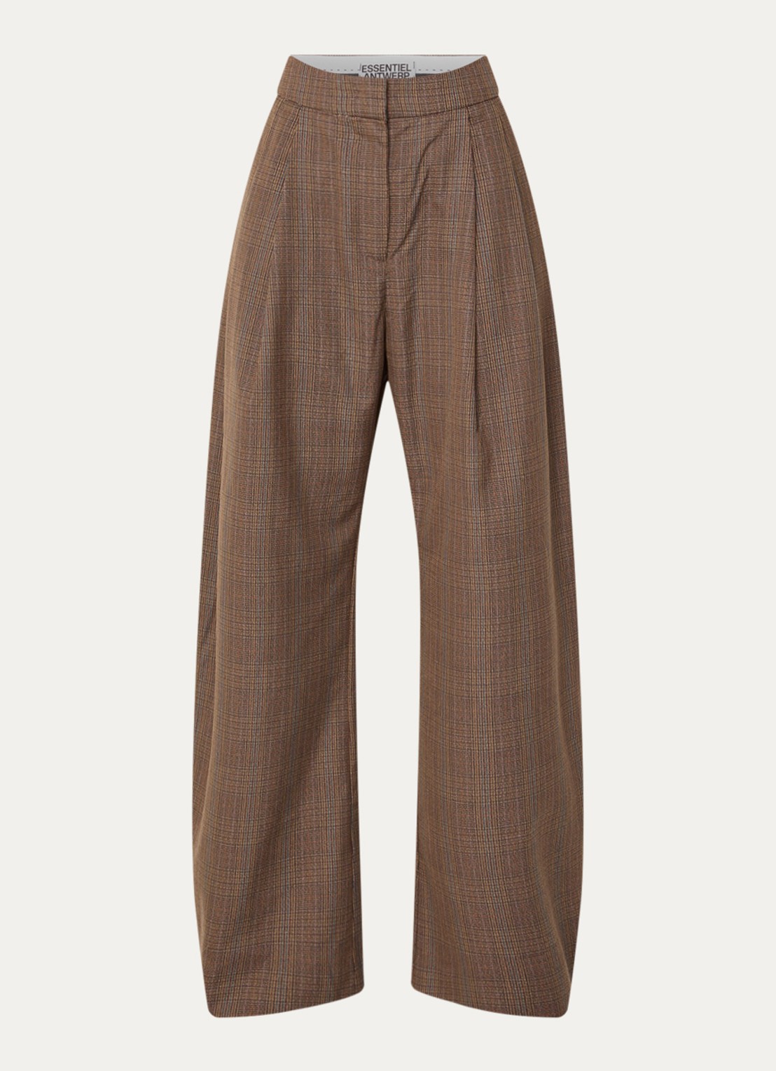 Essentiel Antwerp Karoll2 low waist balloon fit pantalon in wolblend met ruitdessin - voorkant 2 hazelnootbruin