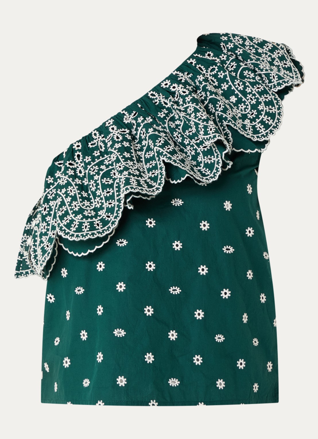 Essentiel Antwerp Kathscallop one shoulder top met ruches en broderie - voorkant donkergroen