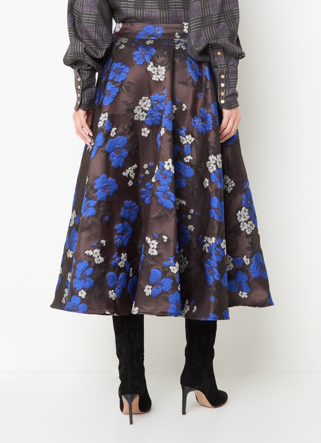 Essentiel Antwerp Kathyanne midi A-lijn rok met jacquard dessin - achterkant donkerbruin