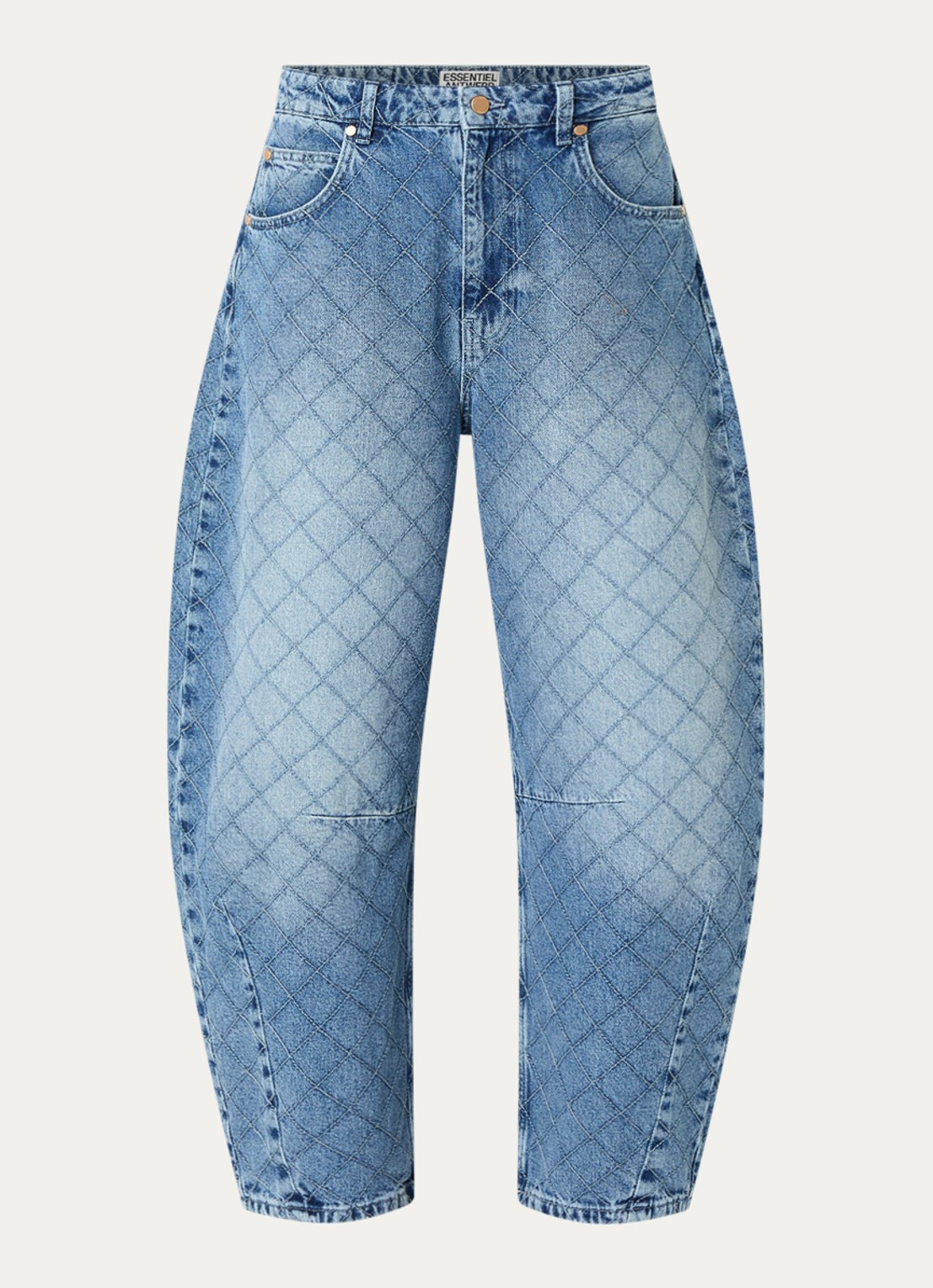 Essentiel Antwerp Katsu mid waist balloon fit jeans met medium wassing en quiltpatroon  - voorkant indigo