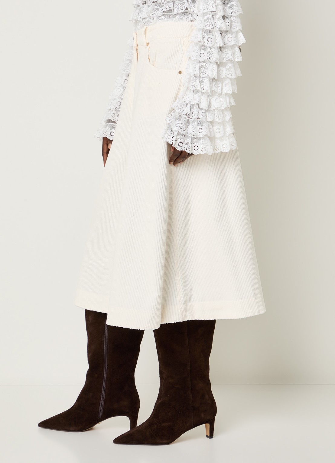Essentiel Antwerp Kigi mid waist wide fit culotte van corduroy met steekzakken - detail 2 gebroken wit