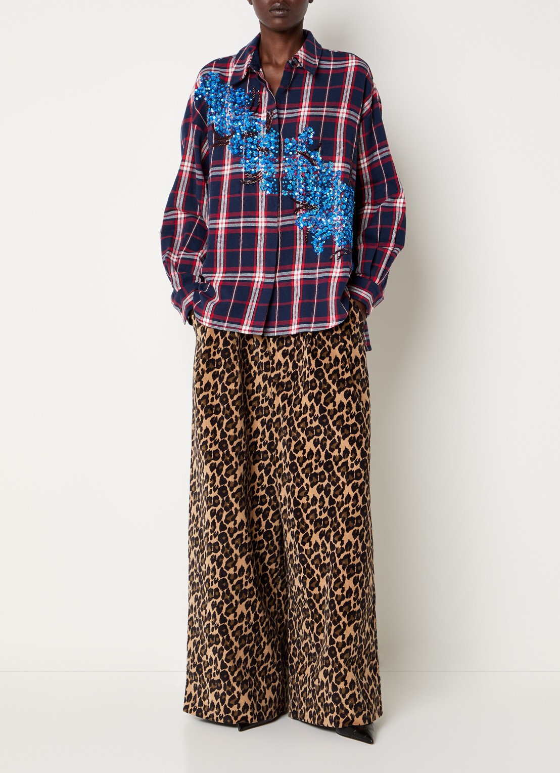 Essentiel Antwerp Kirke blouse met ruitdessin en pailletten - voorkant 4 donkerblauw
