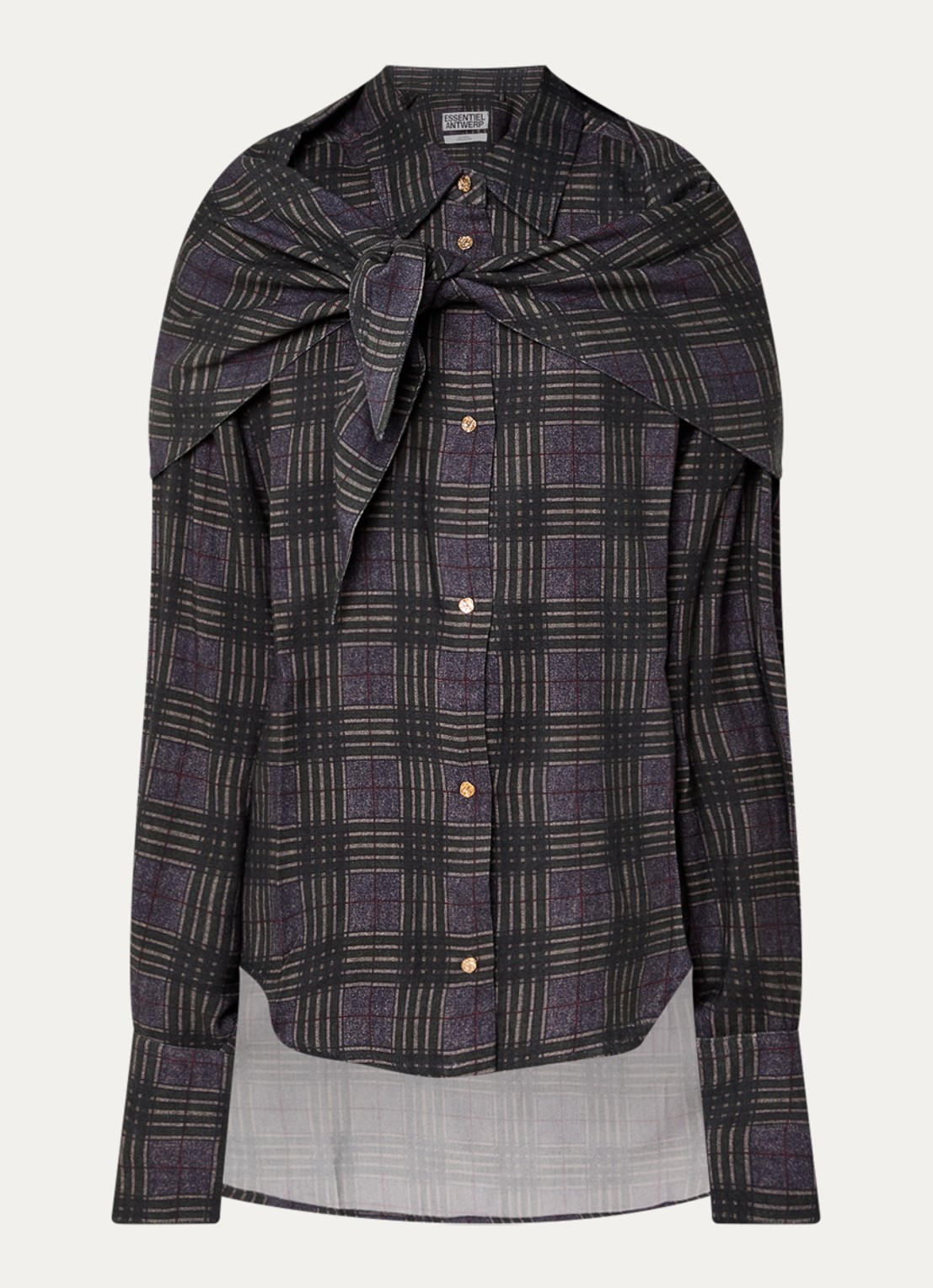Essentiel Antwerp Kiss blouse in wolblend met sjaal in ruitdessin - voorkant 3 olijfgroen