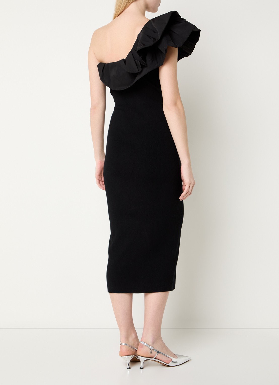 Essentiel Antwerp Klack one shoulder midi jurk - achterkant 2 zwart