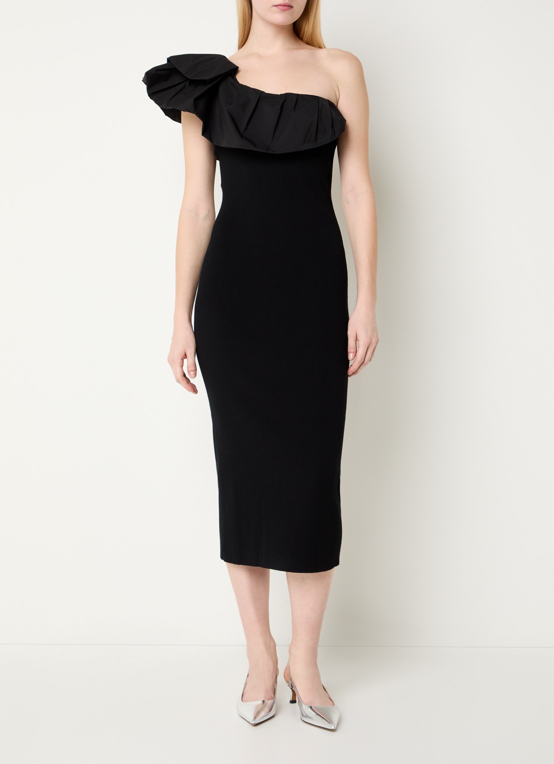 Essentiel Antwerp Klack one shoulder midi jurk - detail zwart